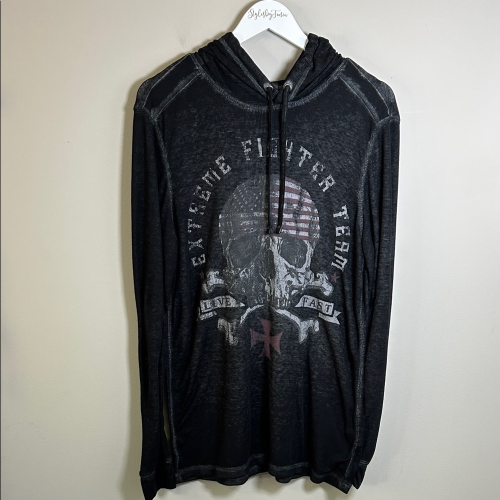 Helix Hoodie Men Black Thermal Top Skull Cross Fighter Y2K Vintage Biker Retro L